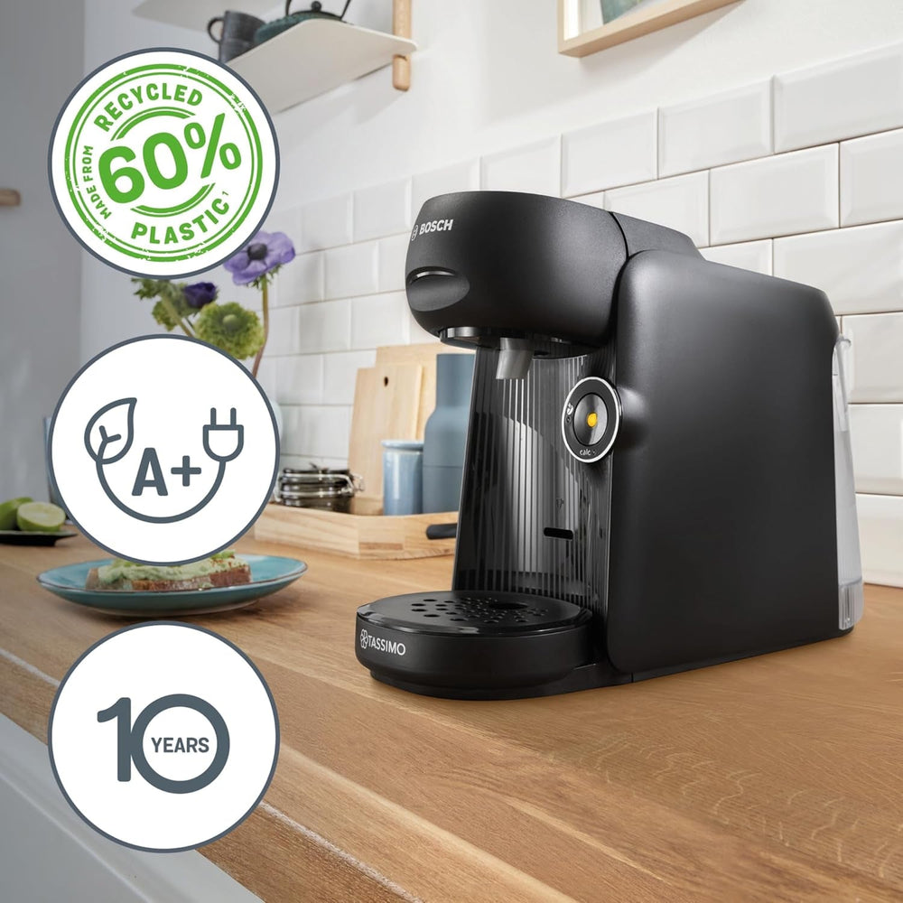 Espressor cu capsule Bosch Tassimo finesse TAS162E, 70 de băuturi, cafea mai intensă prin simpla apăsare a unui buton, oprire automată, sustenabil, dozare perfectă, 1400 W, negru/negru