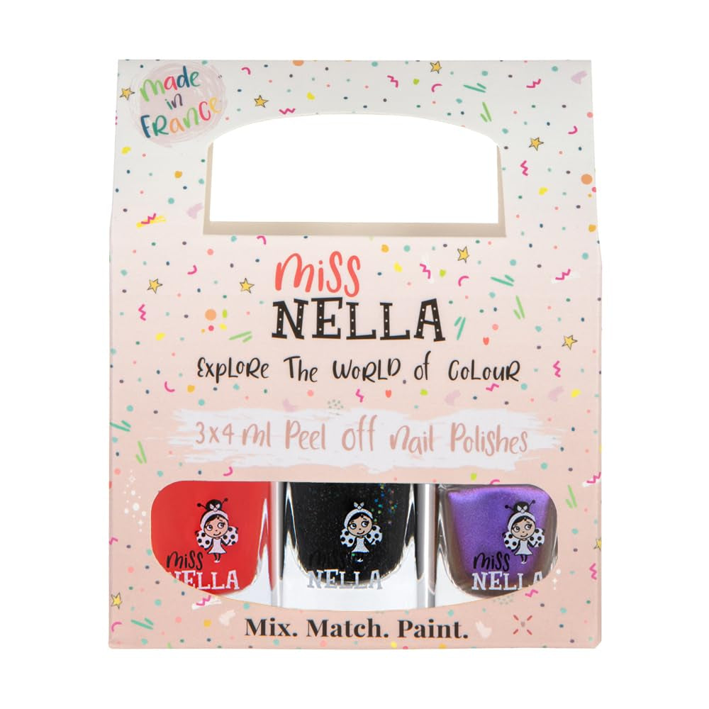 Set de ojă cu sclipici Miss Nella Magic Collection, 4 piese: roz, roșu, auriu și albastru, ojă detașabilă specială pentru copii, non-toxică, pe bază de apă și inodoră