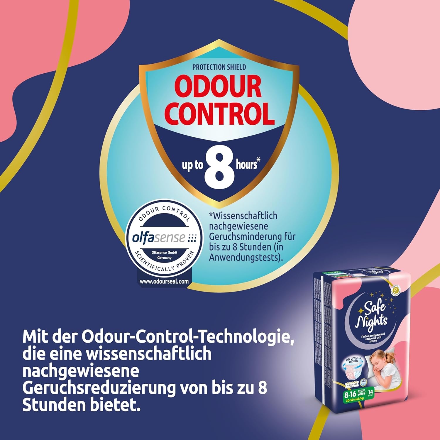 Safe Nights Girl, chiloți absorbanți de noapte pentru fete cu vârsta cuprinsă între 8 și 16 ani (30-50 kg), 14 bucăți