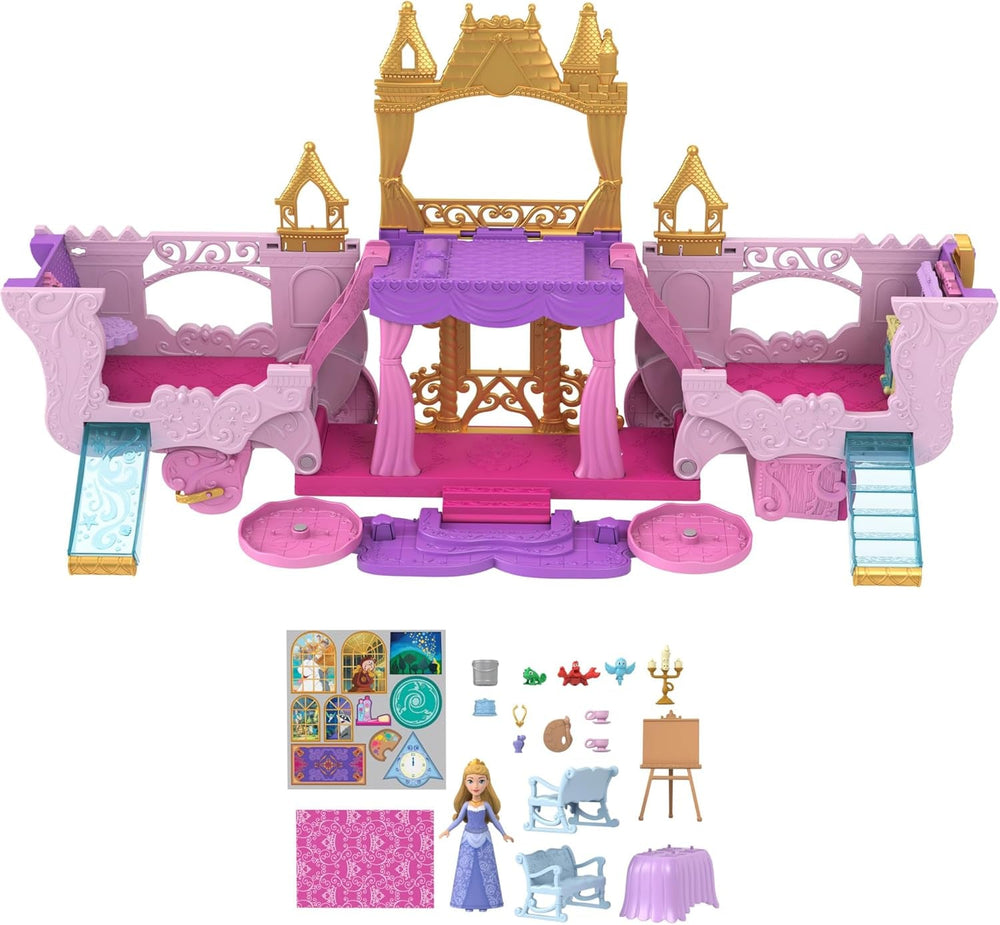 Mattel Disney Princess Transforming Playset Carriage to Castle With Little Aurora Doll, 3 nivele, 6 zone de joc, 4 figuri, mobilier și accesorii HWX17 Papusi Naty Shop