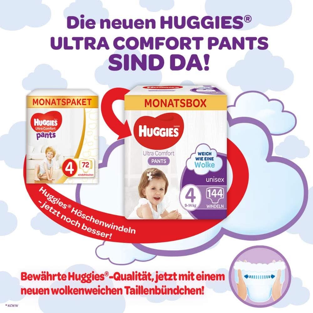 Huggies Ultra Comfort Pants mărimea 4, 9 - 14 kg, Pentru copii activi, Cu indicator de umezeală și tehnologie cloud waistband, 144 scutece Mama si Copilul Naty Shop