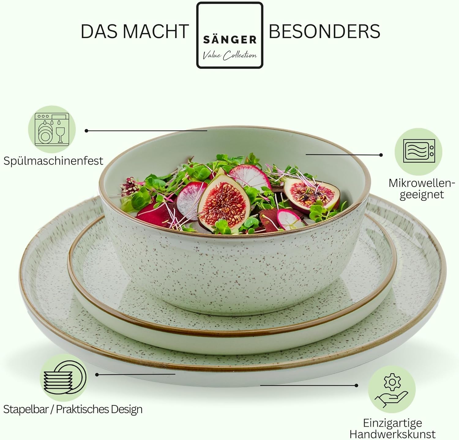 SÄNGER Rio Mint | Set de veselă din gresie pentru 6 persoane, 6 farfurii, 6 farfurii de desert, 6 boluri, verde mentă | COLECȚIA VALUE