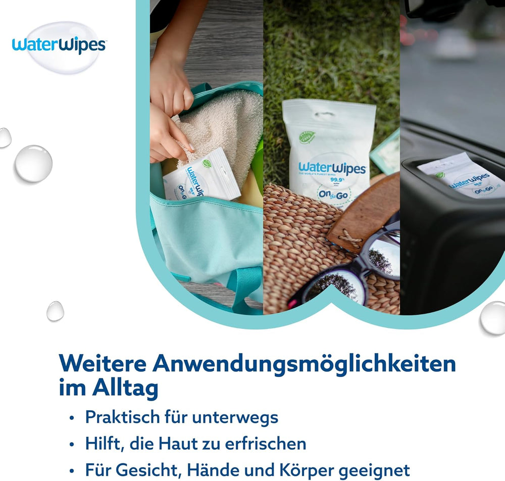 Șervețele umede WaterWipes Sensitive+ On The Go, 100 de șervețele (10 pachete), 3 în 1 curăță, îngrijește, protejează, 99,9% apă, șervețele fără parfum