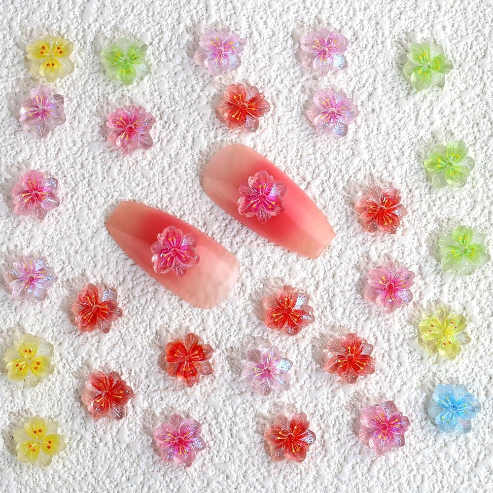 50Pcs 3D Blume Nagel Charms Nägel Zubehör Nageldesign Glitzersteine Nailart Strasssteine Flower Nail Charms Luminous Flower Nail Art Charms Bunte Blumen Deko Nagel Steinchen Flowers Nail Rhinestones