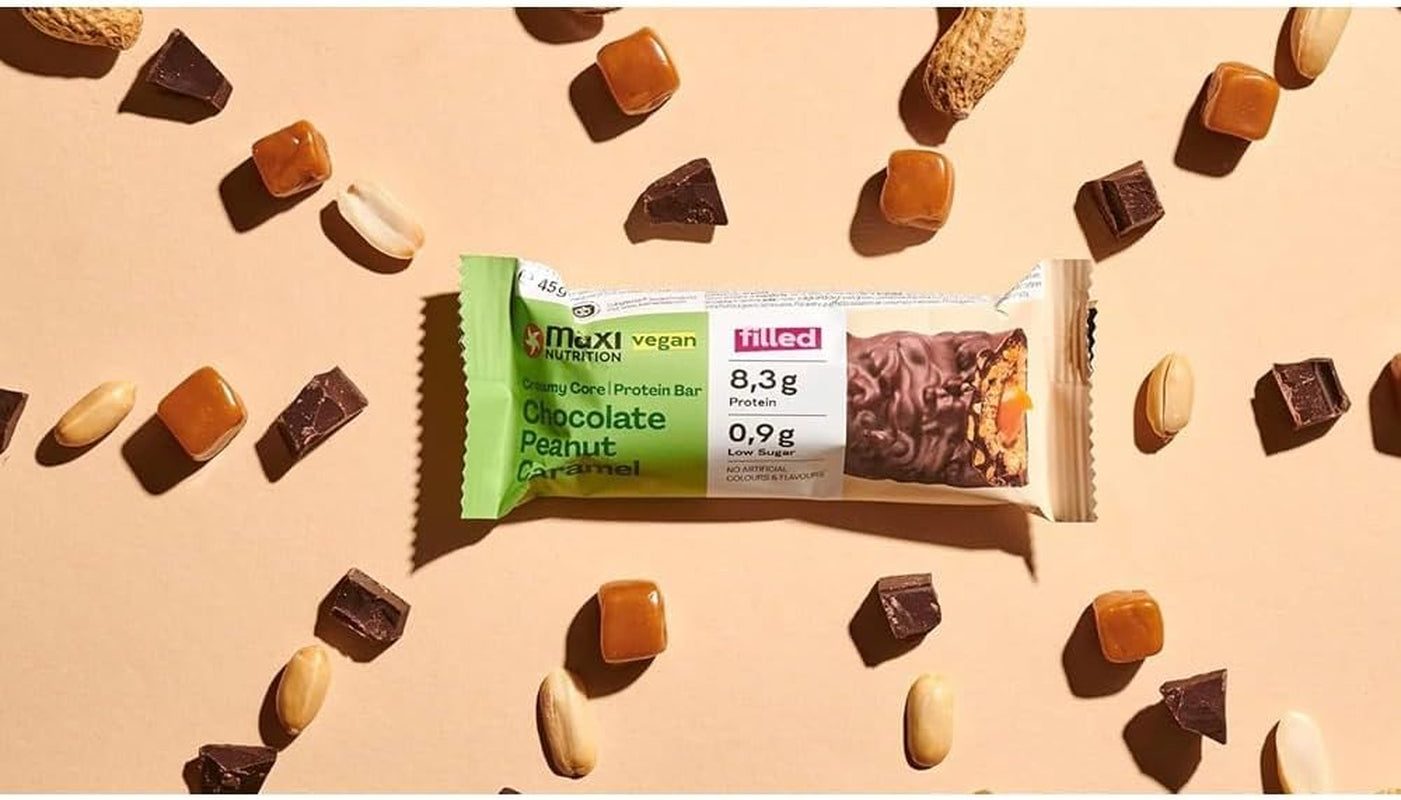MaxiNutrition Baton proteic vegan cremos cu ciocolată, arahide și caramel 12x45g - baton proteic vegan, 18% proteine, 8,3g per baton, conținut scăzut de zahăr (0,9g), fără zahăr adăugat, fără arome artificiale