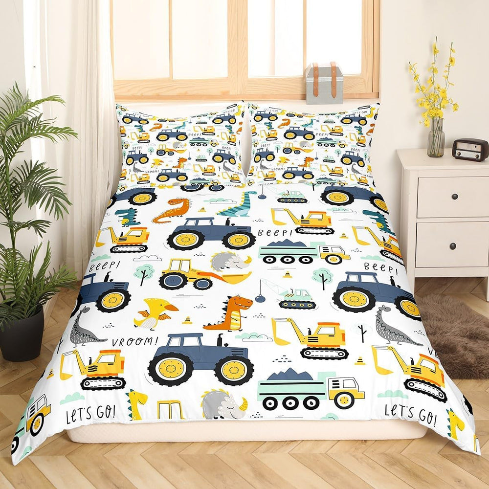 Jungen Cartoon Auto Bettwäsche Set 135X200,Kinder Bau Fahrzeuge Tröster Abdeckung Für Kind Kleinkind Teens,Dinosaurier Bettbezug,Traktor Maschinerie Bagger Bettdecke Abdeckung,Lkw Autos Bettwäsche Naty Shop