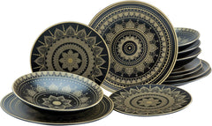 CreaTable, 23588, seria MANDALA GOLD - Negru, set de veselă cu 12 piese, set de farfurii din gresie, potrivit pentru mașina de spălat vase și cuptorul cu microunde, producție de calitate