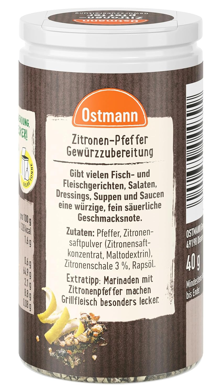 Ostmann Gewürze - Zitronenpfeffer Gewürzzubereitung | Für Salatdressings, Saucen und Fischgerichte | 40 g in der Streudose
