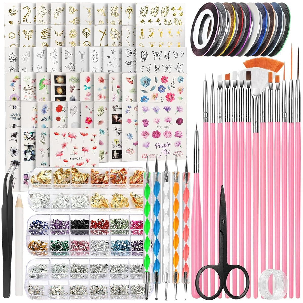 FANDAMEI 54 Blätter Wassertransfer Nagelsticker & Nail Art Pinsel Set, Dotted Pens, Blattgold Für Nagelkunst, Streifenband, Strasssteine, Werkzeug Und Dekorationen Set Für Nagelkunst Maniküre Set