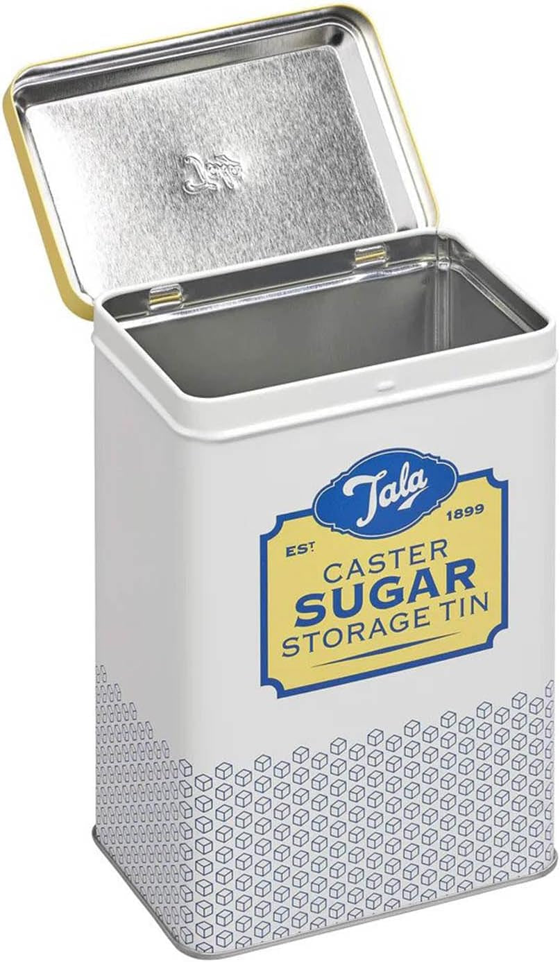 Cutie de depozitare Tala Originals, metalică, design retro în galben și crem, poate conține un plic întreg de zahăr pudră