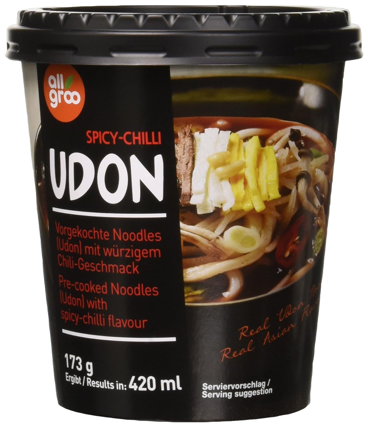 Tăiței instant Allgroo Udon Cup - Supă Udon cu fructe de mare, aromată și picantă - Preparare rapidă (1 x 173 g)