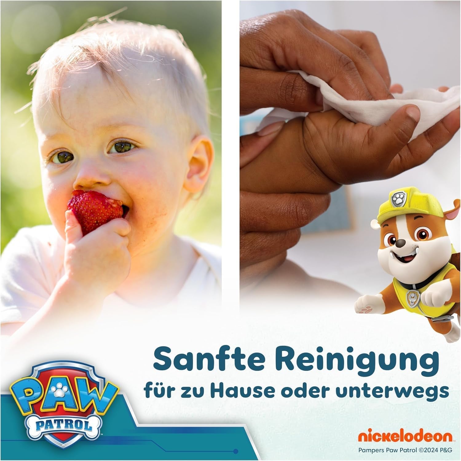 Șervețele umede Pampers Harmony Aqua pentru bebeluși, Patrula Cățelușilor, 15 pachete a câte 48 de șervețele, 720 de șervețele umede pentru bebeluși care ajută la restabilirea echilibrului natural al pH-ului pielii, loțiune ușoară cu 99% apă