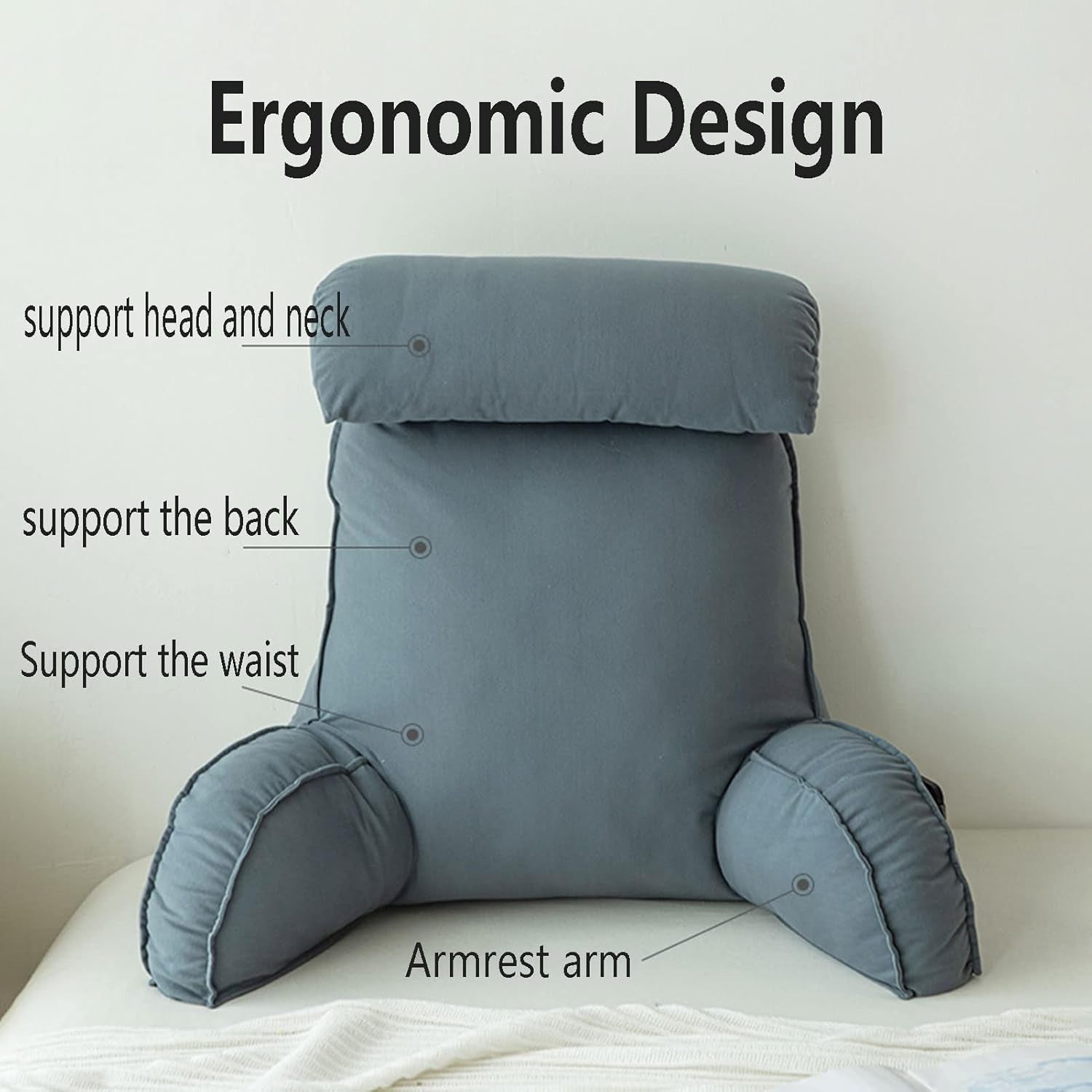 Pernă de citit cu cotiere, pernă de spate pentru canapea, pernă de cărți pentru pat, cu rolă detașabilă pentru gât, pernă de susținere a scaunului pentru relaxare, joacă, citit, vizionat la televizor, culoare șampanie