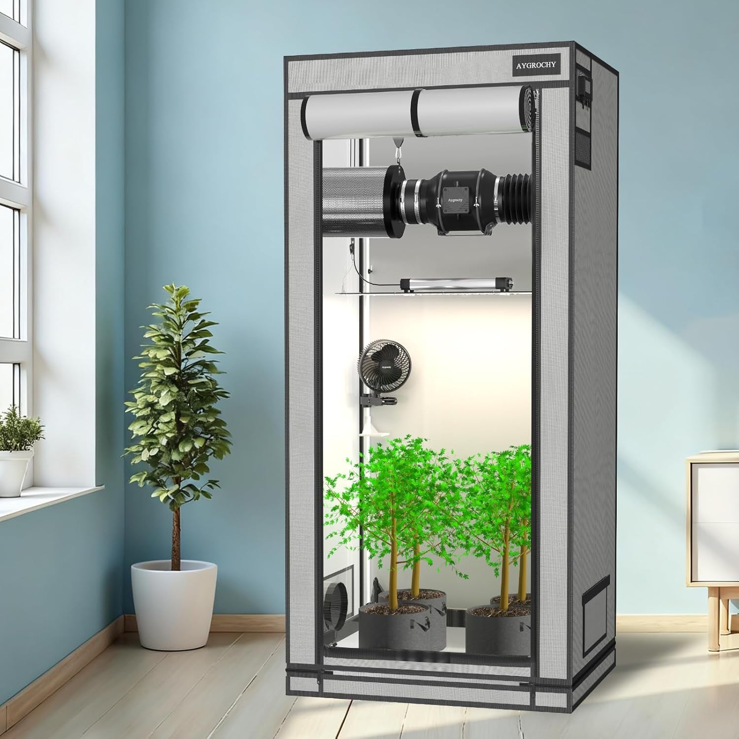 Cort de creștere Aygrochy 60x60x160cm, cort de creștere de interior cu PEVA alb reflectorizant, tavă inferioară detașabilă, pentru spațiu de creștere a plantelor