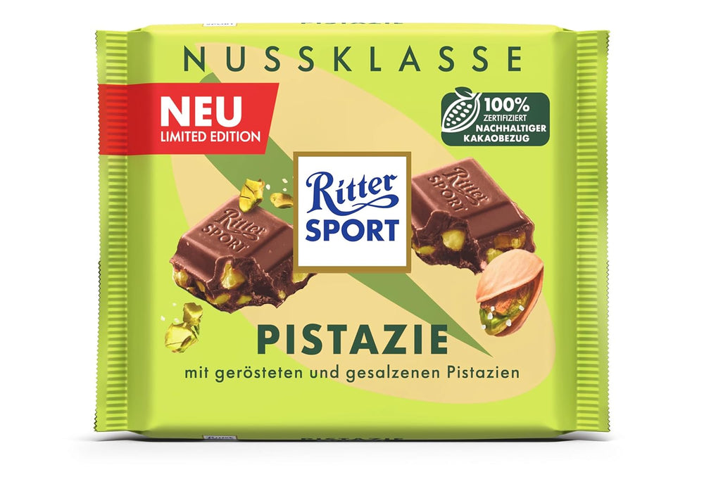 Ritter Sport Fistic, ciocolată cu lapte cu bucățele fine de fistic, un clasic de ciocolată, perfect pentru gustări și savurare, o idee grozavă de cadou, 12 batoane x 100g