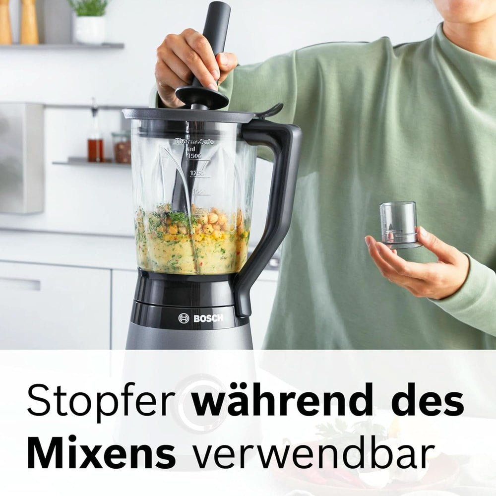 Bosch Standmixer Vitapower Serie 4 MMB6172SN, Verbesserte Version, 10 Jahre Motorgarantie, Edelstahl-Klingen, 1,5L Glasbehälter, Spülmaschinenfeste Teile, 30,000 U/Min, 1200 W, Silber Bucatarie Naty Shop