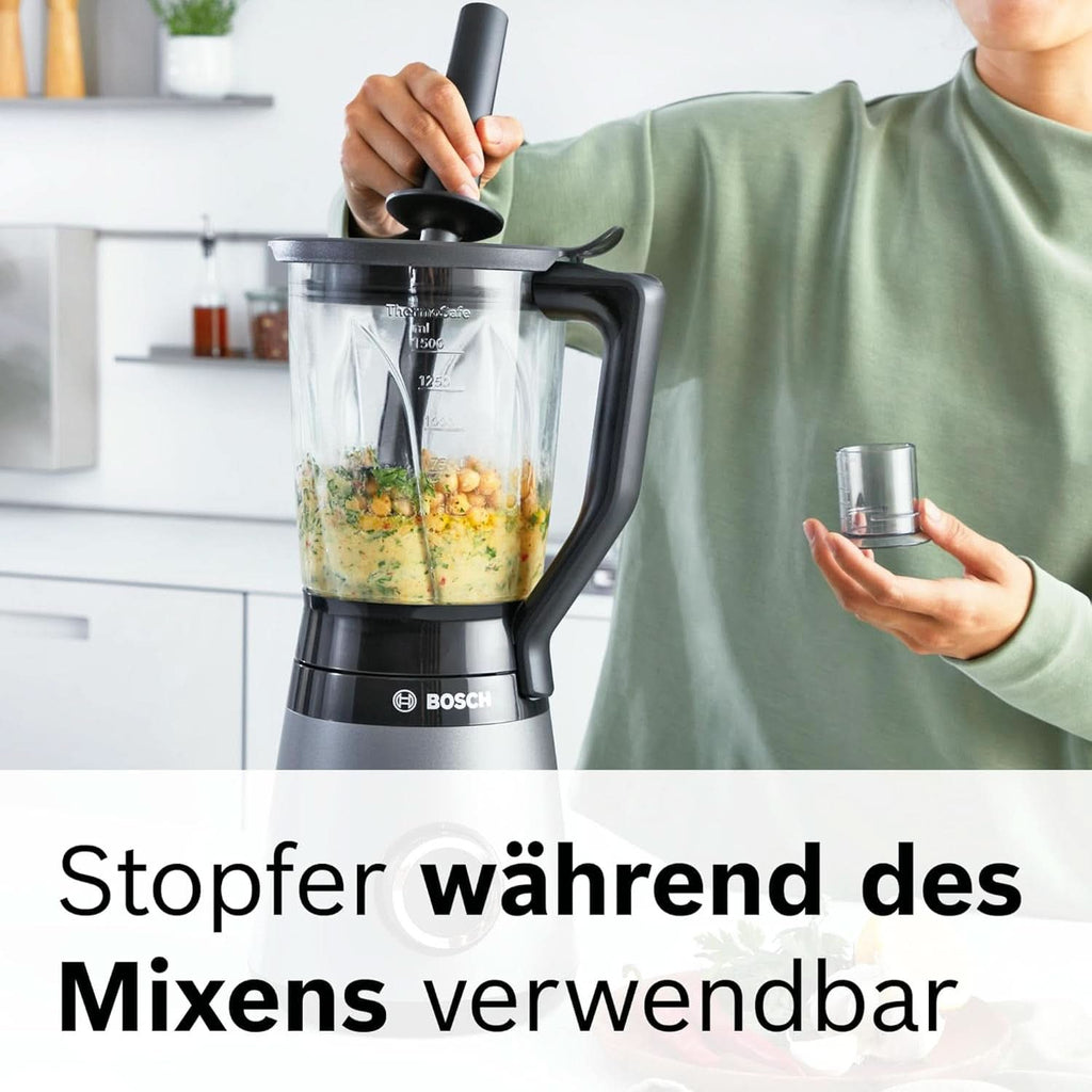 Bosch Standmixer Vitapower Serie 4 MMB6174SN, Verbesserte Version, Hochwertige Edelstahl-Klingen, 1,5L Glasbehälter, 0,6L To-Go-Flasche, Spülmaschinenfeste Teile, 30.000 U/Min, 1200 W, Silber Bucatarie Naty Shop