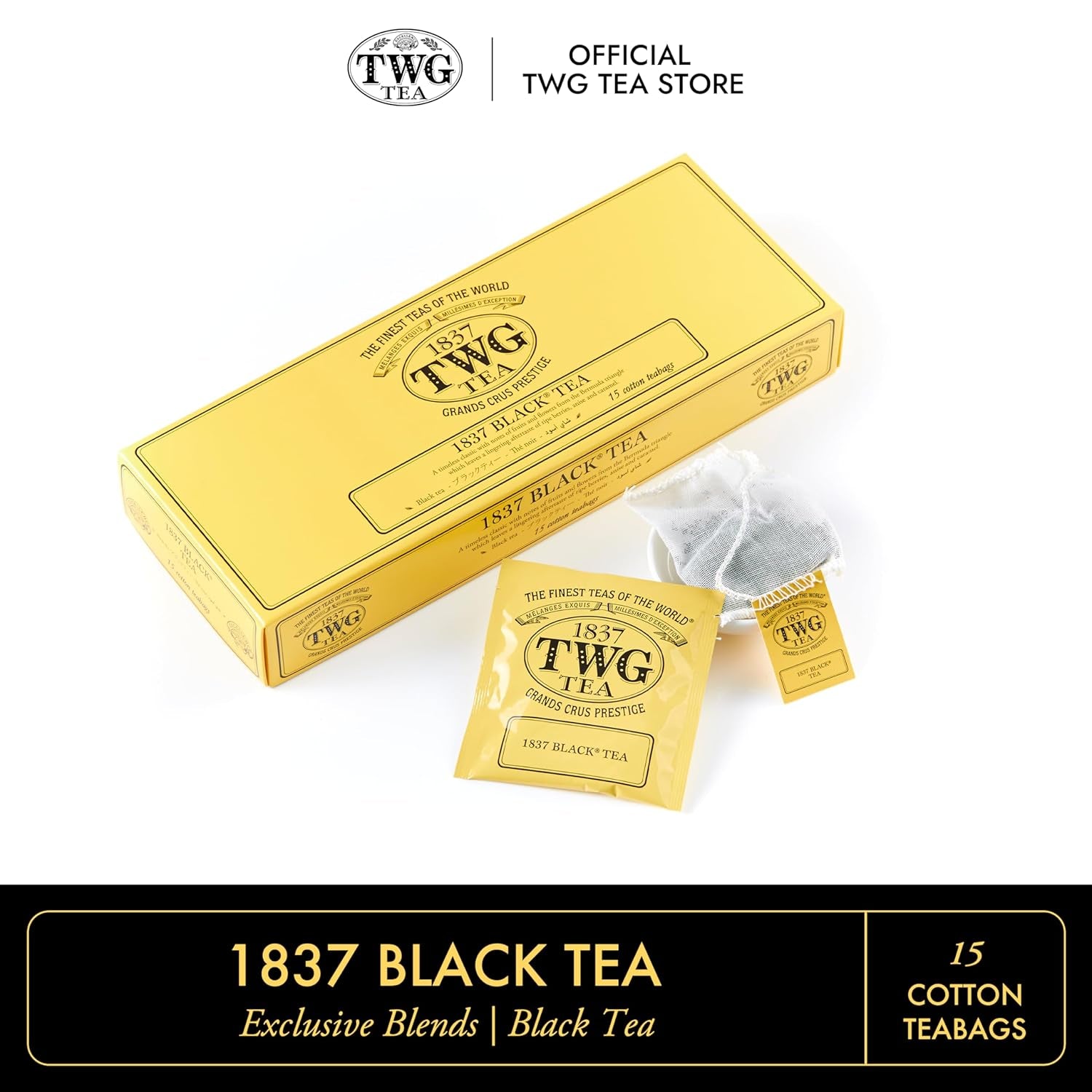TWG Tea | 1837 Black Tea | Ceai negru | Fructe și flori | 15 pliculețe de ceai cusute manual din bumbac | Set cadou