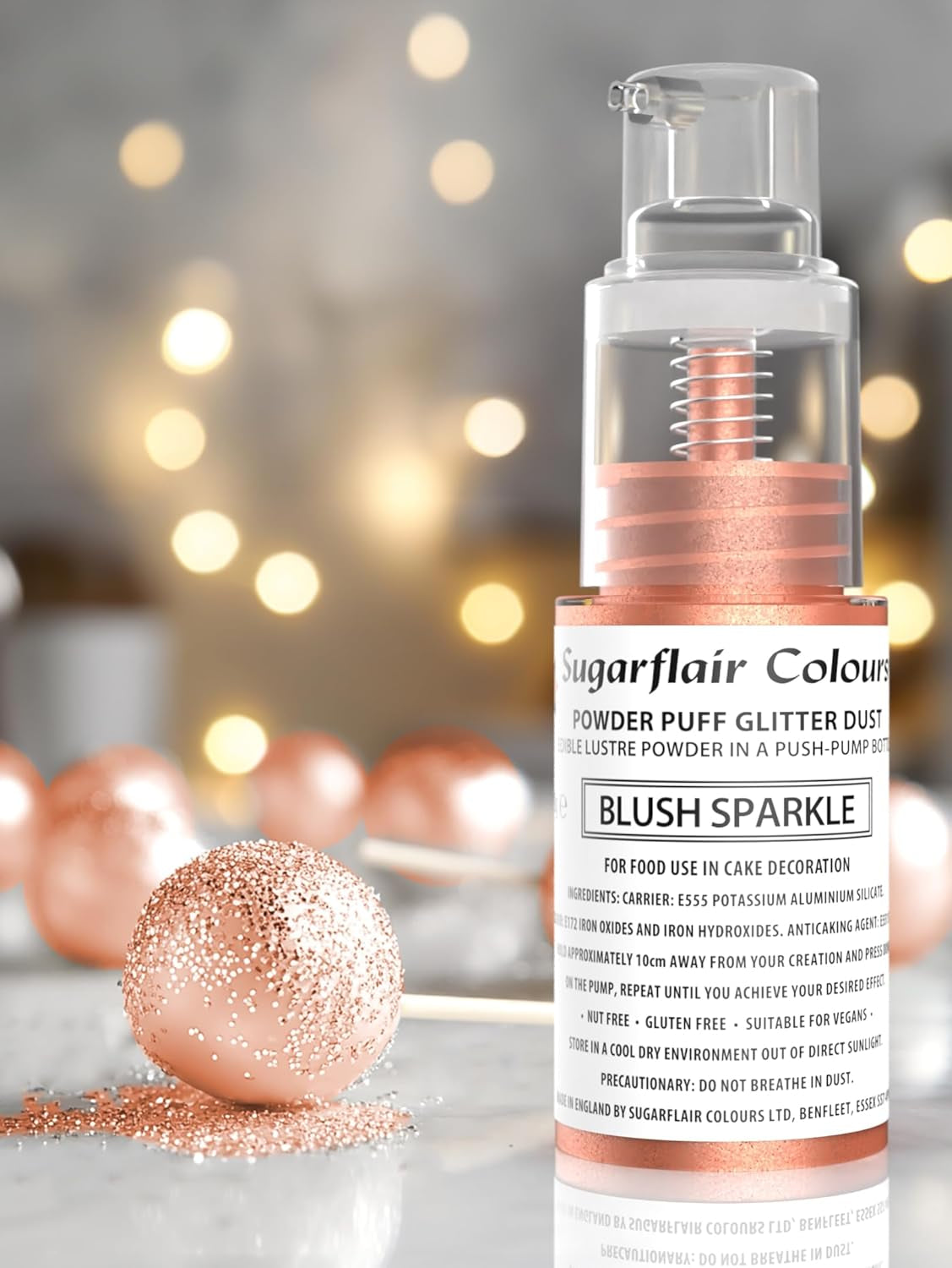 Spray pudră cu pompă Sugarflair, sclipici, Blush, sclipici - colorant alimentar pentru tort, spray fără aerosoli pentru torturi, brioșe și multe altele - 10 g