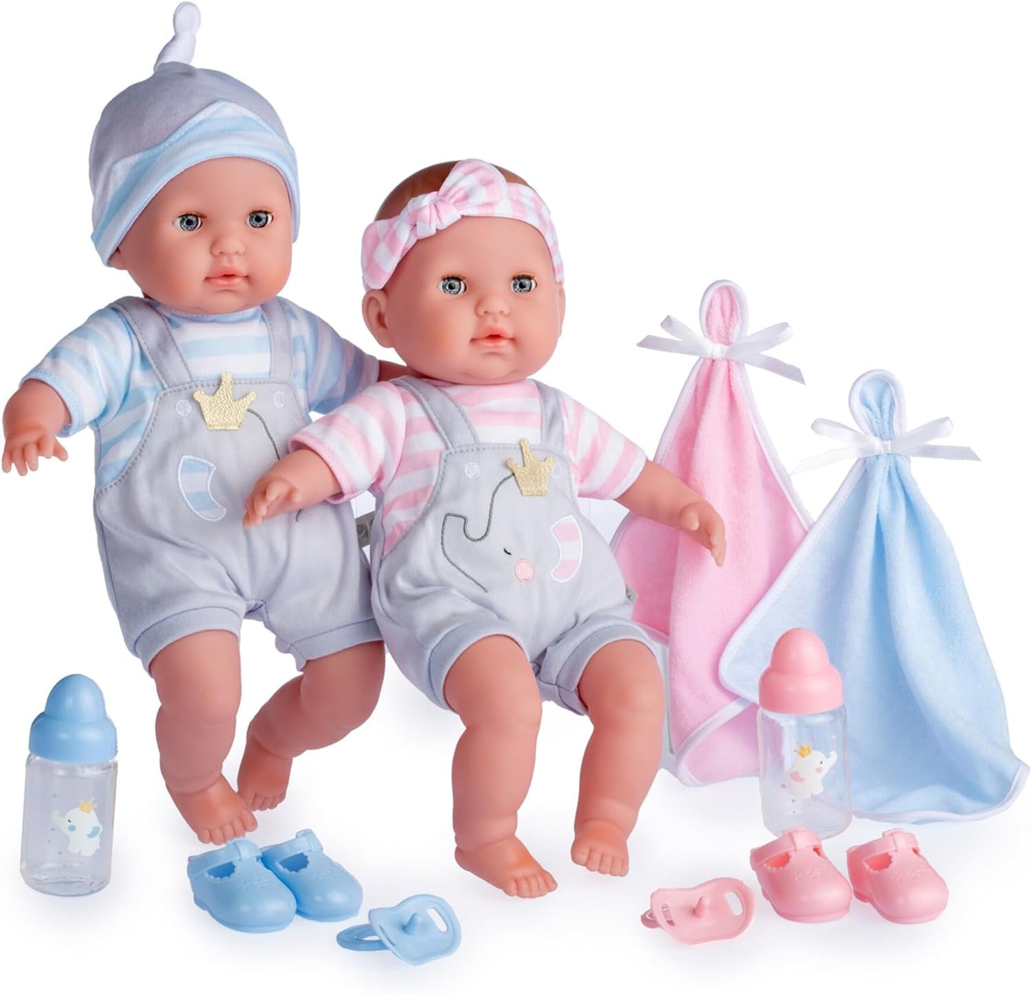 38 cm große realistische Babystoffpuppe mit offenen/geschlossenen Augen | JC Toys - Berenguer Boutique | 10-teiliges Geschenkset mit Flasche, Rassel, Schnuller & Zubehör | Blau | ab 2 Jahren.