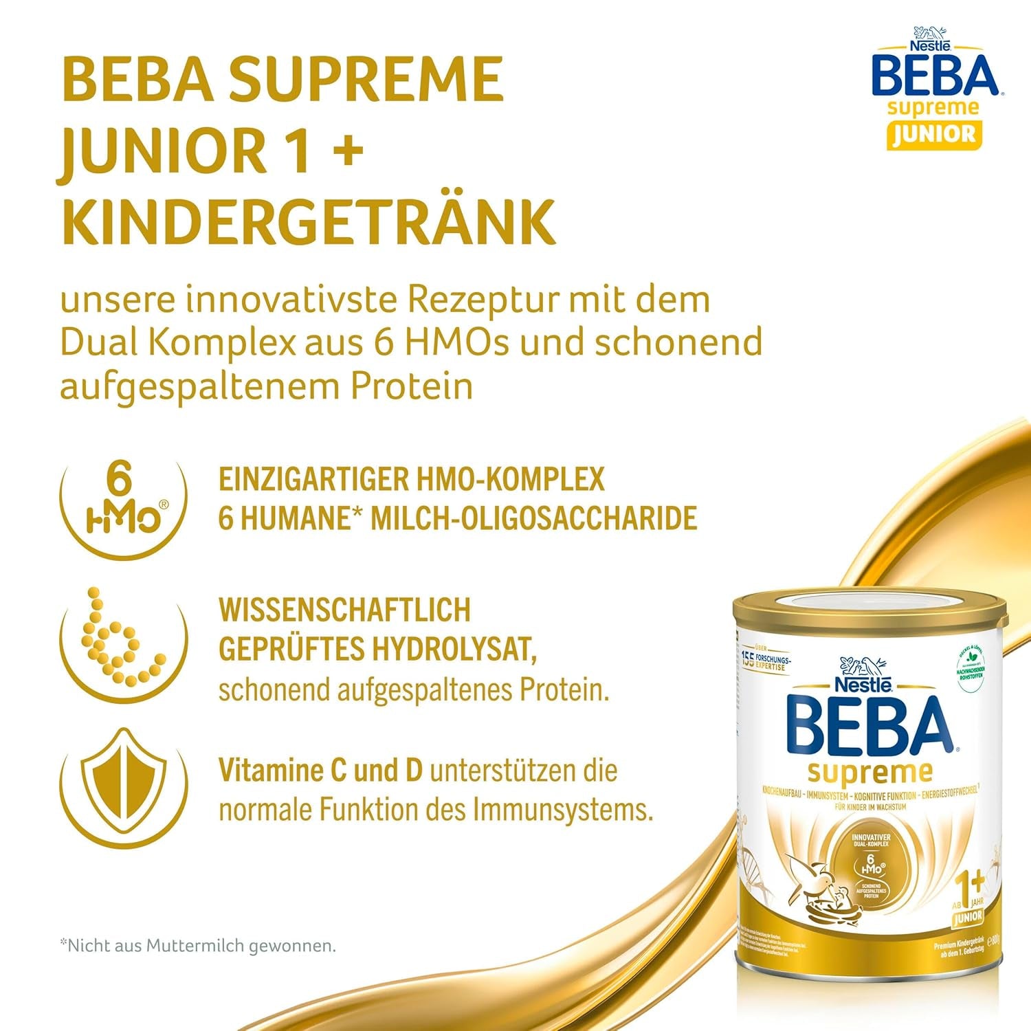 BEBA SUPREME JUNIOR 1 Plus - Băutură pentru copii de la 1 an, cu complex 6 HMO, fără lactoză, fără ulei de palmier, fără ulei de pește, hrană pentru copii mici, lapte praf pentru bebeluși, pachet de 6 (6 x 800g)
