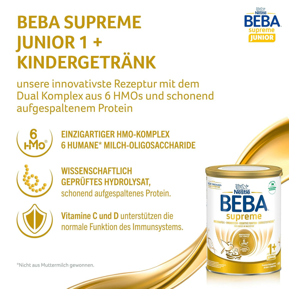 BEBA SUPREME JUNIOR 1 Plus - Băutură pentru copii de la 1 an, cu complex 6 HMO, fără lactoză, fără ulei de palmier, fără ulei de pește, hrană pentru copii mici, lapte praf pentru bebeluși, pachet de 6 (6 x 800g)