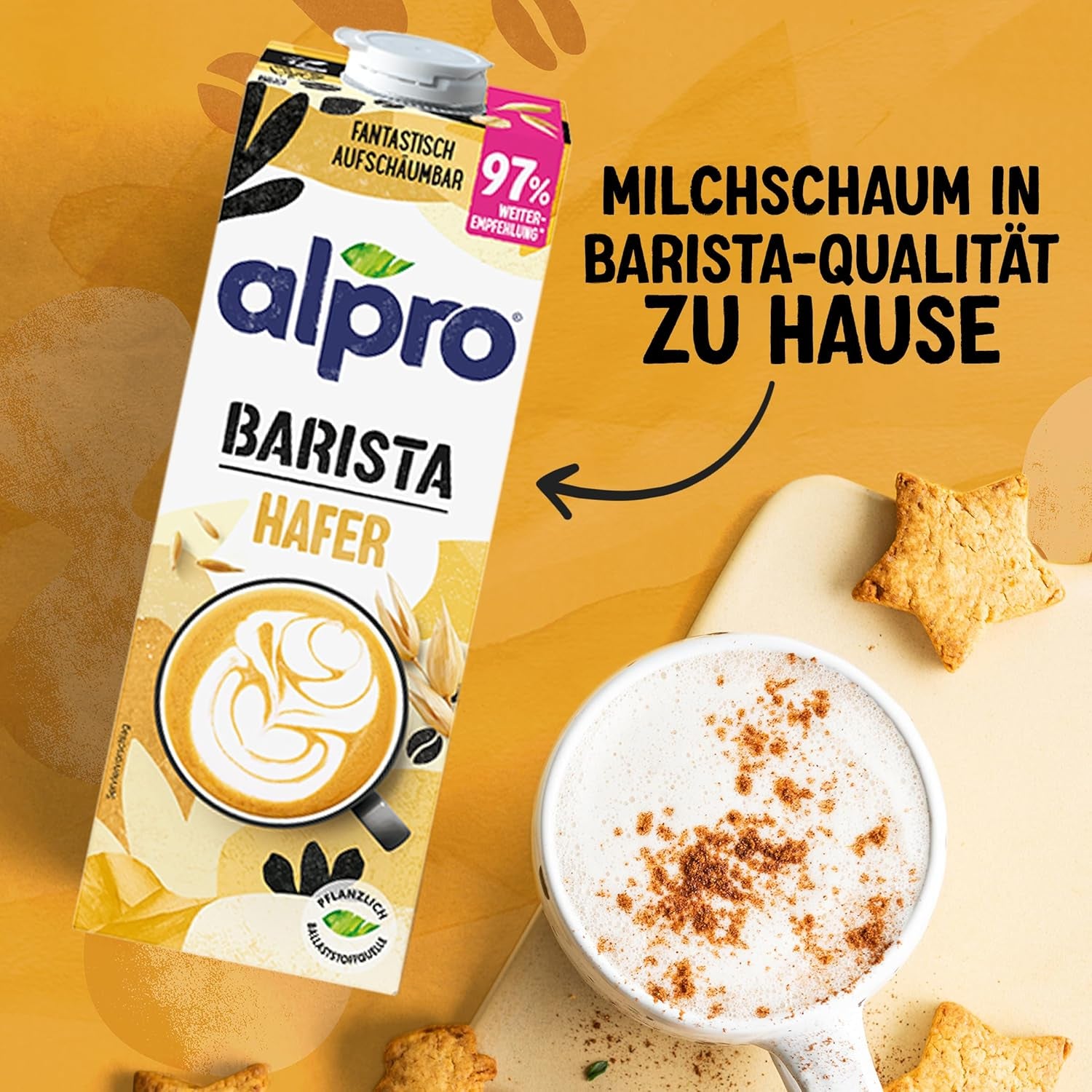 Alpro Barista Haferdrink – Zum Aufschäumen – Vegan und milchfrei – Von Natur aus laktosefrei – Reich an Ballaststoffen, Calcium und Vitaminen – 8 x 1 L – Haltbar