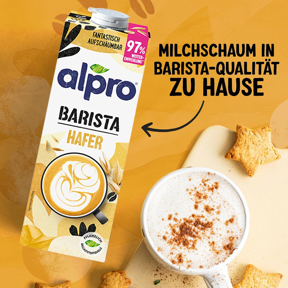 Alpro Barista Haferdrink – Zum Aufschäumen – Vegan und milchfrei – Von Natur aus laktosefrei – Reich an Ballaststoffen, Calcium und Vitaminen – 8 x 1 L – Haltbar