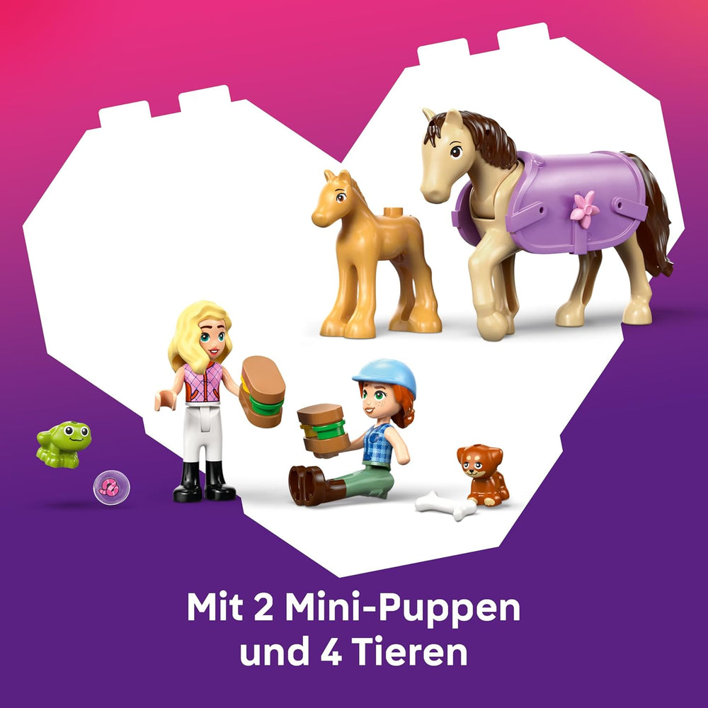 LEGO Friends Pferd und Fohlen mit Pferdeanhänger - Pferde Spielset mit Pflegezubehör, 4 Tierfiguren, Auto & 2 Mini Puppen - Geschenkidee zum Geburtstag für Mädchen ab 7 Jahren - 42695