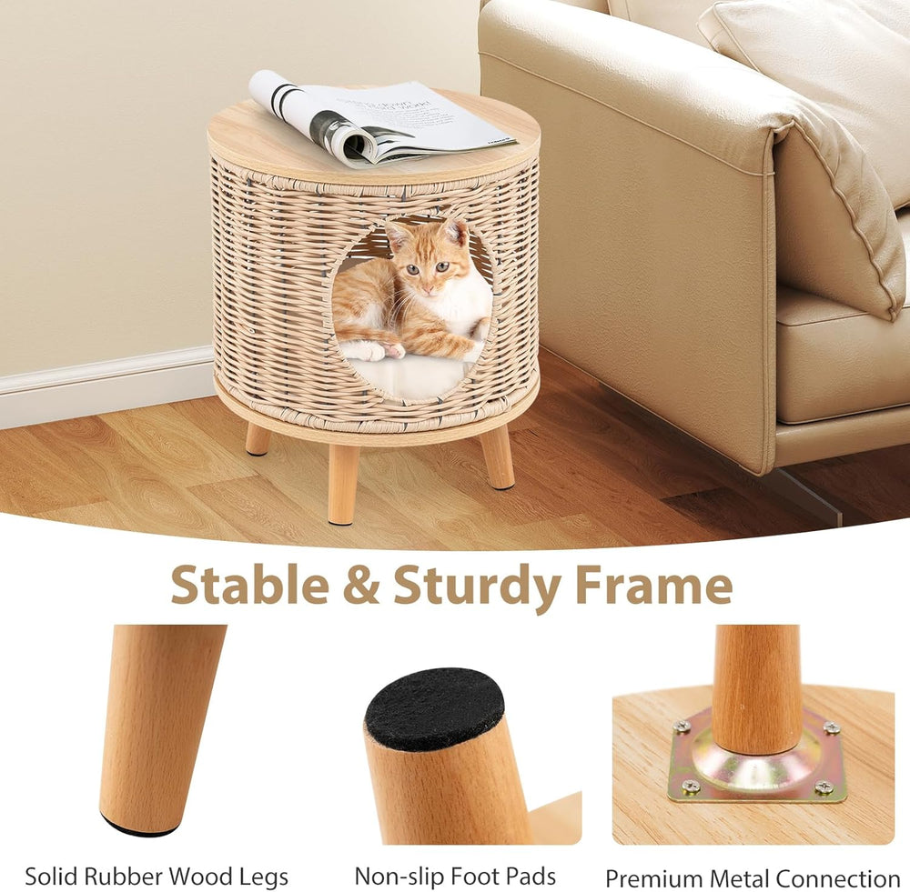 Katzenhaus Rattan, Katzenmöbel mit Holzbeinen & weichem Kissen, 3 in 1 Katzenhöhle Fußhocker Nachttisch, Katzenbett stabil bis 30 kg für Wohnzimmer Schlafzimmer