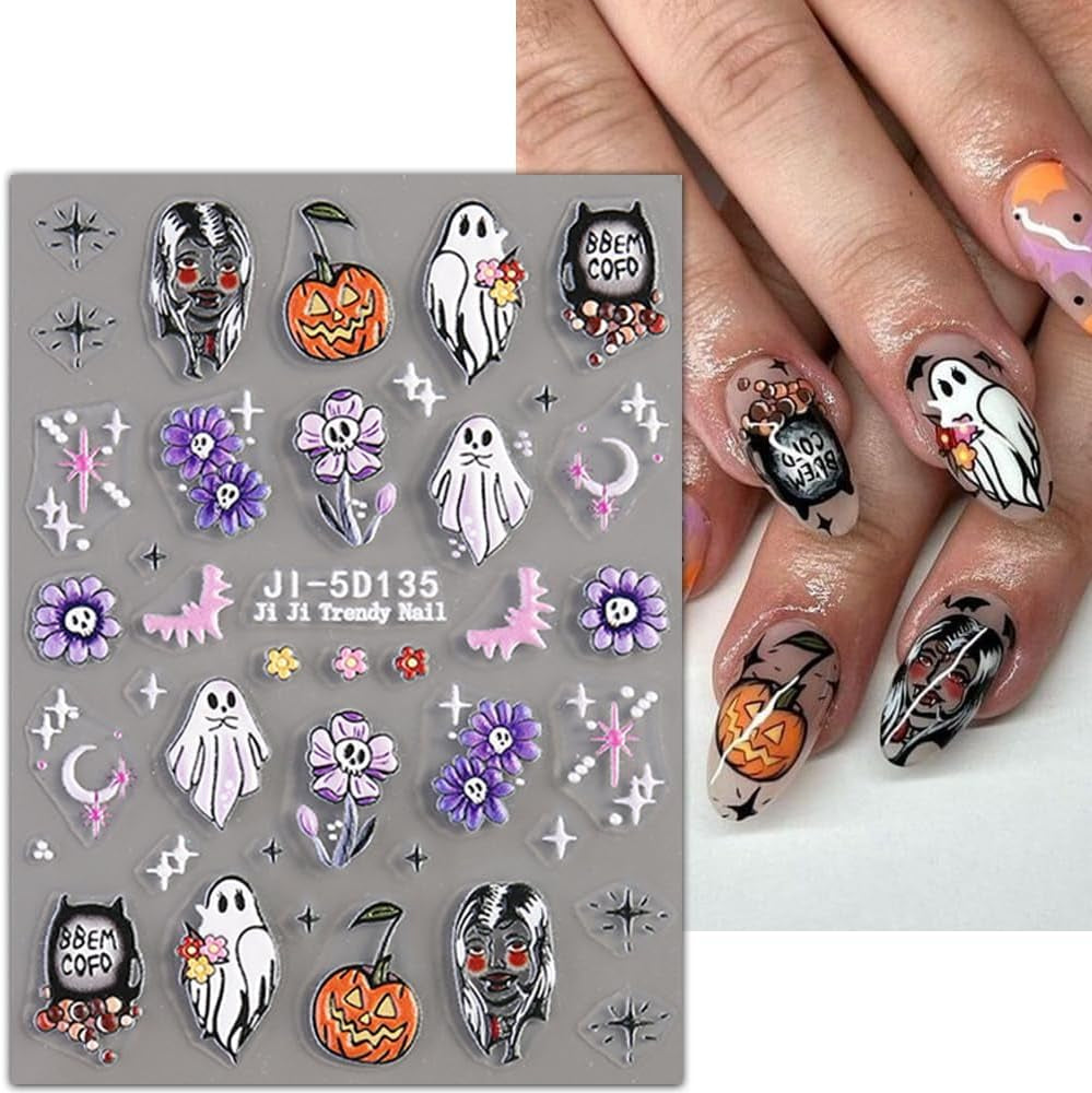 JMEOWIO 3D Nagelsticker Halloween Nail Art Sticker Selbstklebend Nagelaufkleber 5D Stereoskopisch Süßer Geisterkürbis Dekoration Nageldesign Zubehör 4 Blatt