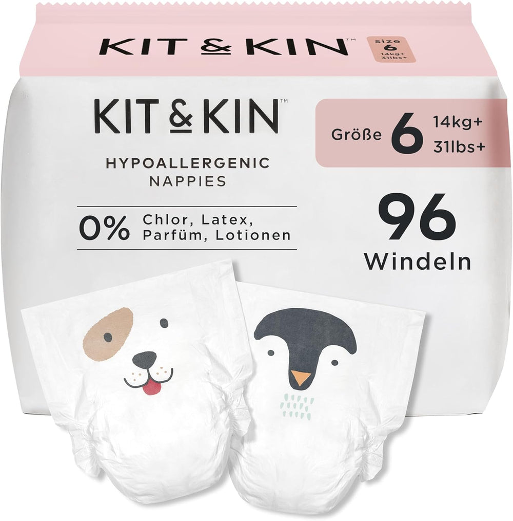 Scutece Kit & Kin Premium, mărimea 4 (9-14 kg), 128 bucăți, pe bază de plante și hipoalergenice, protecție fiabilă împotriva scurgerilor, vegane și fără cruzime