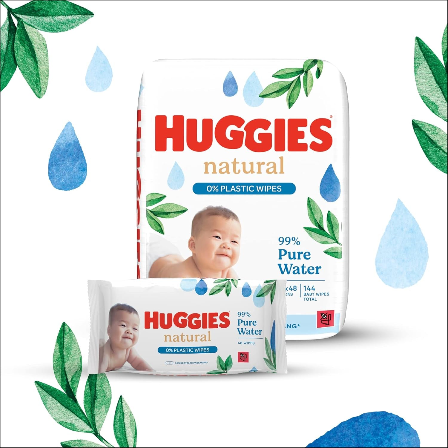 Șervețele umede Huggies naturale biodegradabile pentru bebeluși sensibili, 8 x 48 de șervețele, pachet vrac
