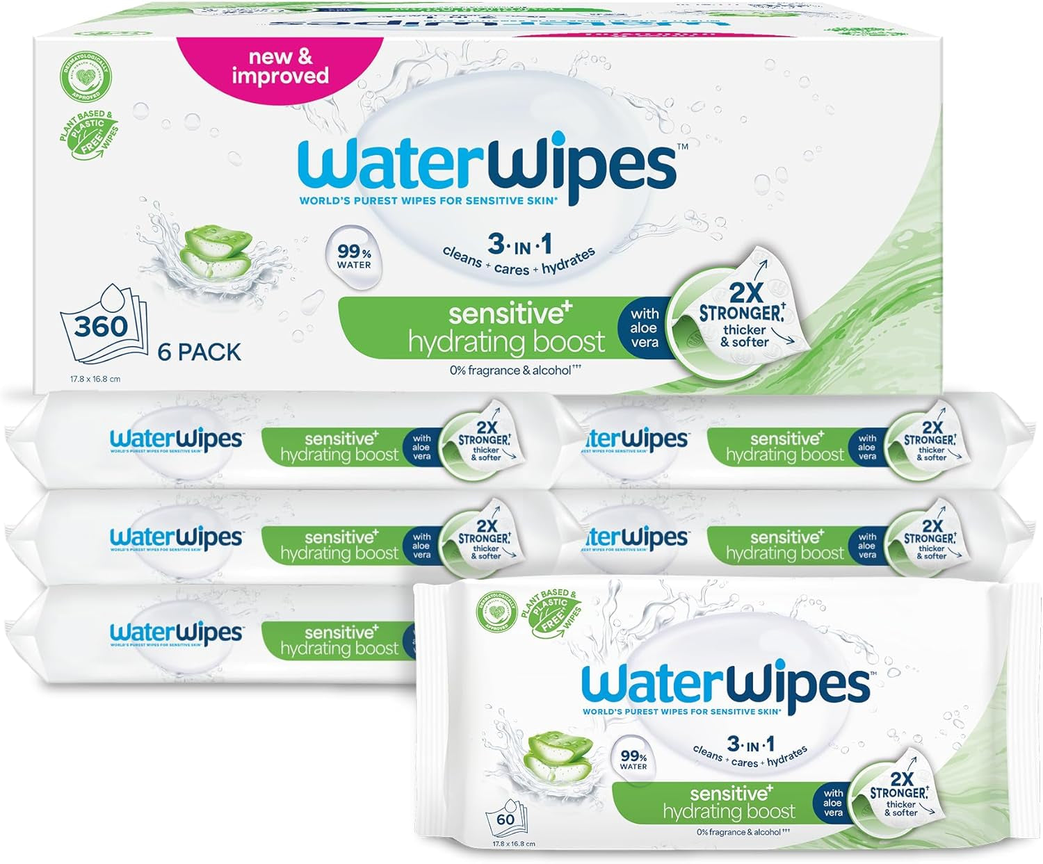 Șervețele umede WaterWipes Sensitive+ Hydrating Boost, șervețele hidratante, 360 bucăți (6 pachete), 3 în 1 curăță, îngrijește, hidratează, 99% apă cu aloe vera, șervețele umede fără parfum pentru bebeluși