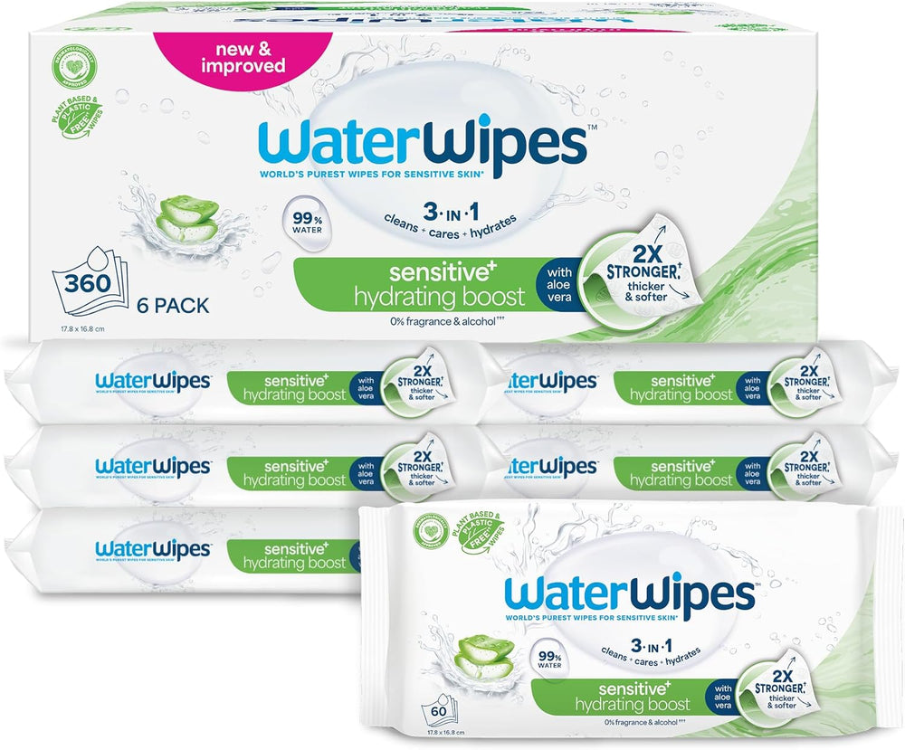 Șervețele umede WaterWipes Sensitive+ Hydrating Boost, șervețele hidratante, 360 bucăți (6 pachete), 3 în 1 curăță, îngrijește, hidratează, 99% apă cu aloe vera, șervețele umede fără parfum pentru bebeluși