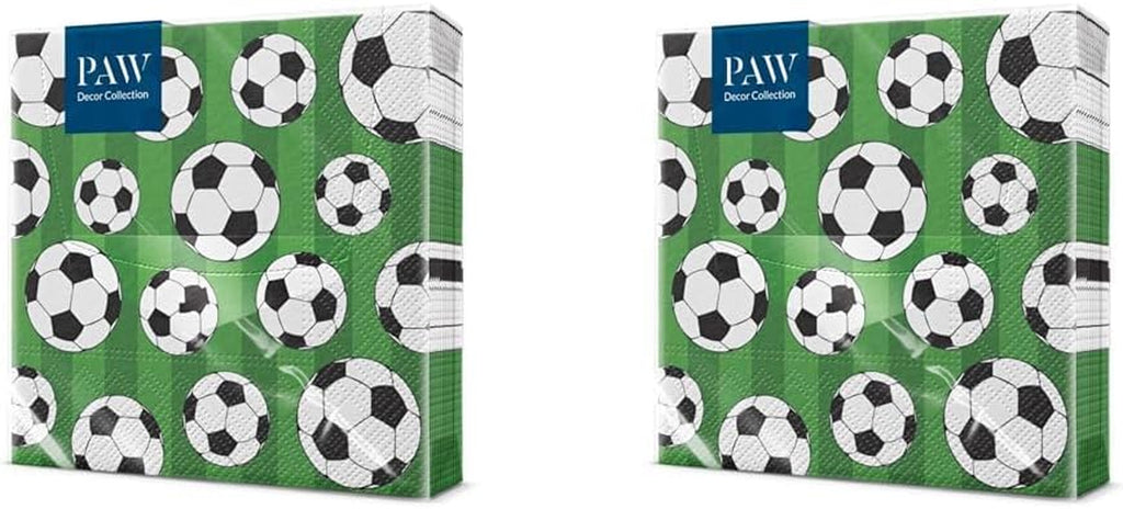 PAW - Șervețele 3 straturi (33 X 33 Cm) I 20 de bucăți I Perfect pentru petreceri, zile de naștere, sărbători I Decorațiuni de masă pentru petreceri pentru copii - Șervețele de hârtie colorate cu motiv - fotbal I minge de fotbal (pachet cu 2)