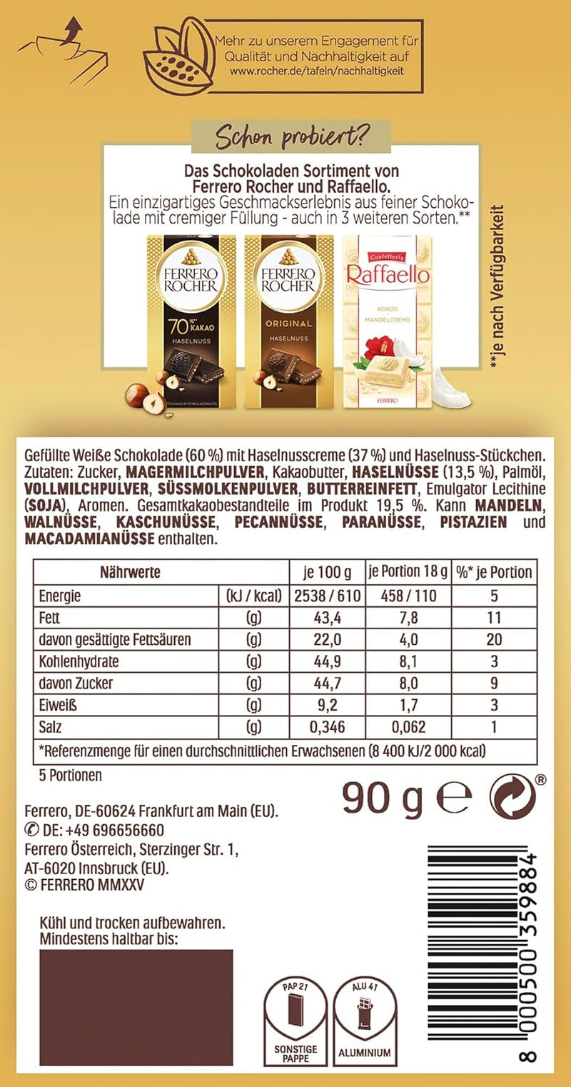 Baton Ferrero Rocher – Ciocolată albă cu alune – Cadou de Ziua Îndrăgostiților pentru el și ea – 1 baton de ciocolată x 90g