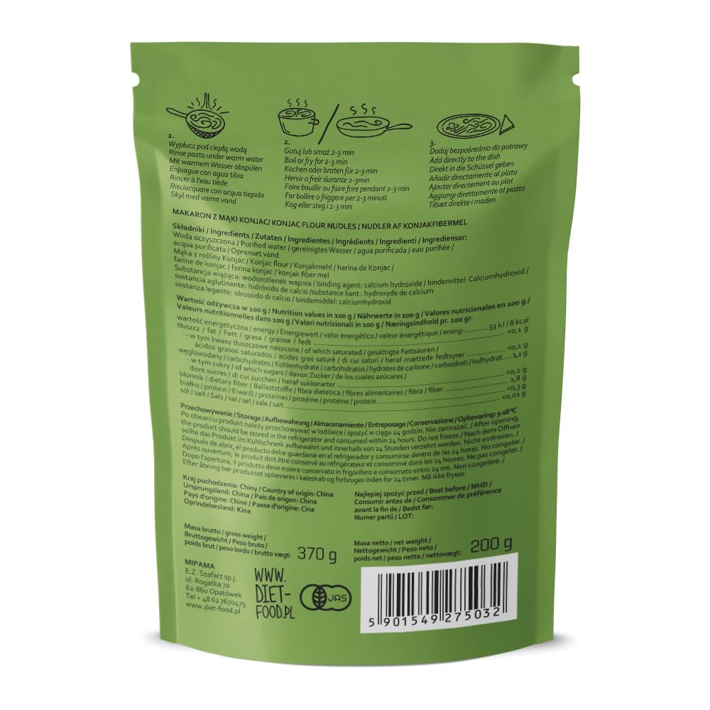 Tăiței Shirataki Dietetici | Tăiței Konjac cu conținut scăzut de carbohidrați | 200 de grame, aliment vegan cu conținut scăzut de calorii, fără grăsimi, fără soia, fără gluten, tăiței dietetici solubili în apă