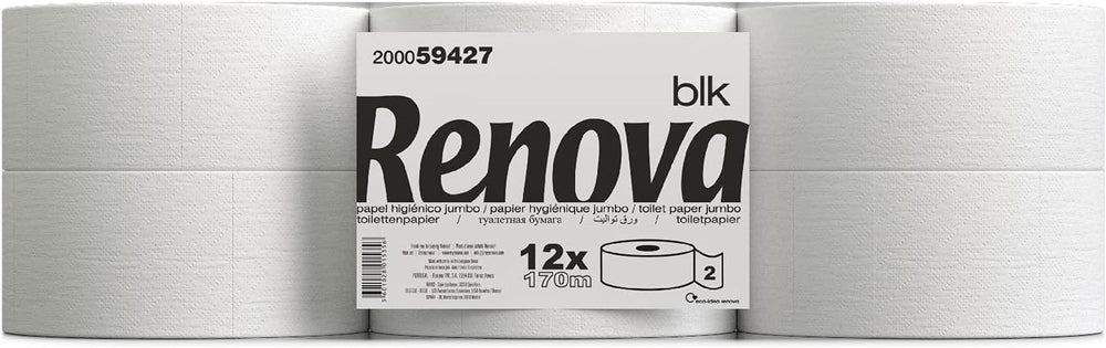 Hârtie igienică Renova Jumbo BLK, 12 role la 170 M, hârtie albă, 2 straturi