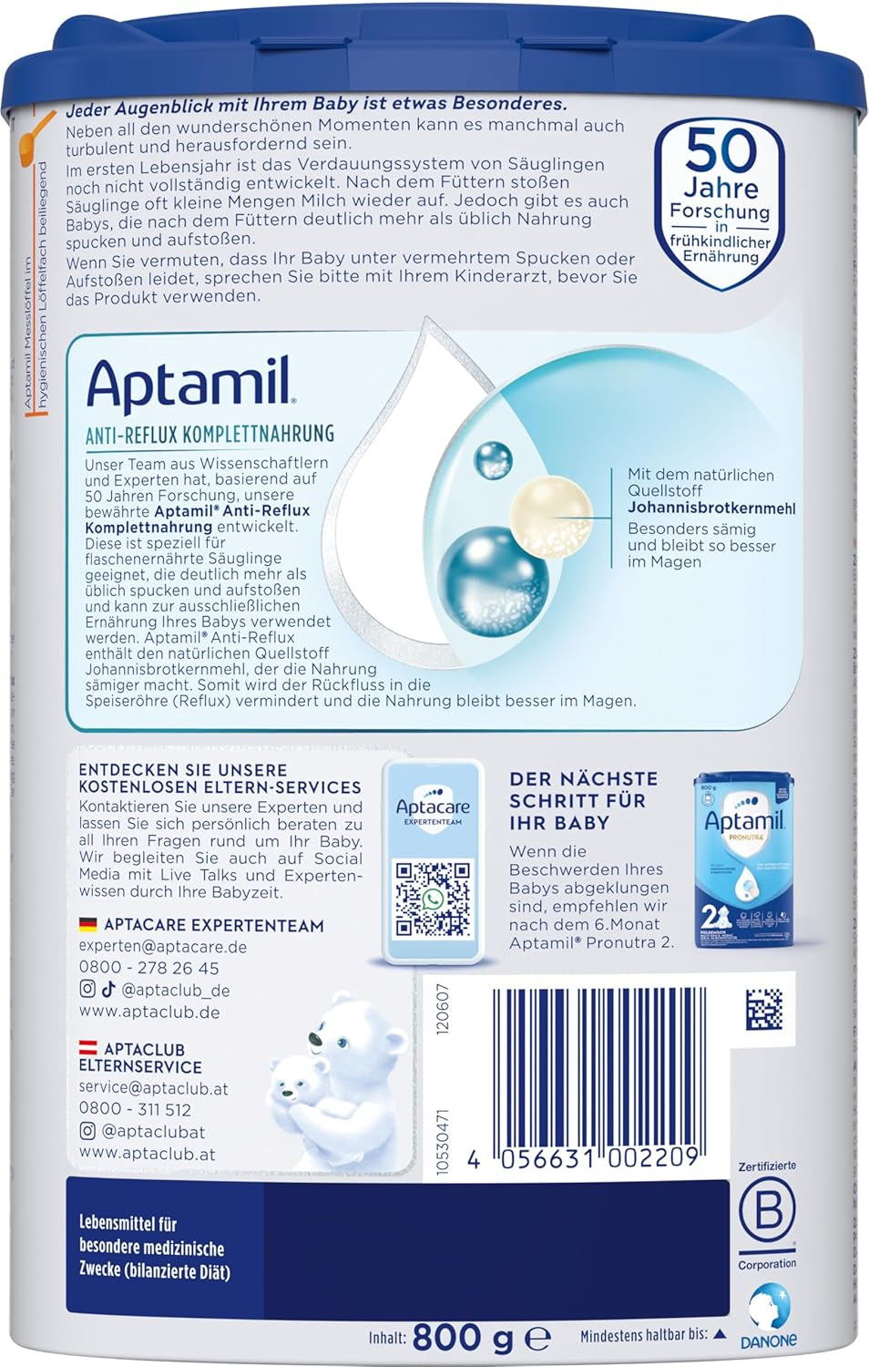 Aptamil Anti-Reflux - Formulă completă de la naștere, pentru gestionarea dietei, pentru vomă și regurgitație, hrană pentru bebeluși, lapte praf, 1 x 800 g