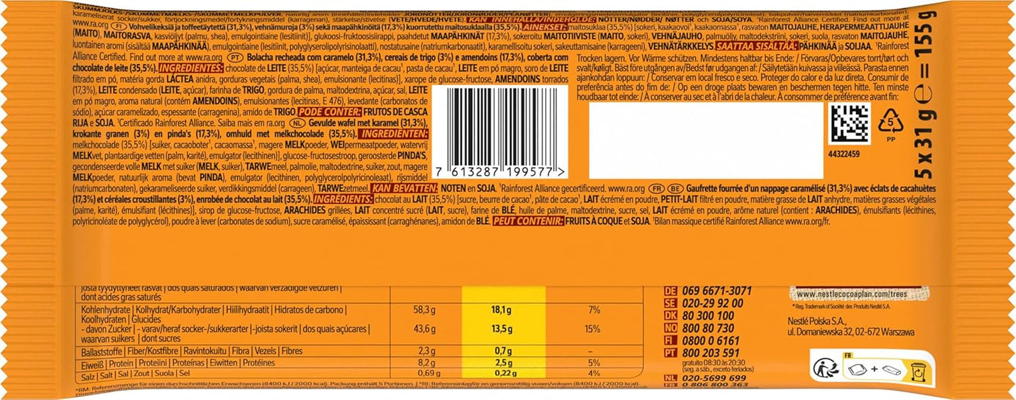 Baton de ciocolată cu arahide acoperit cu ciocolată cu lapte, umplutură delicioasă de caramel, arahide și napolitană crocantă, pachet vrac de bomboane, 1 pachet (5 x 31g)