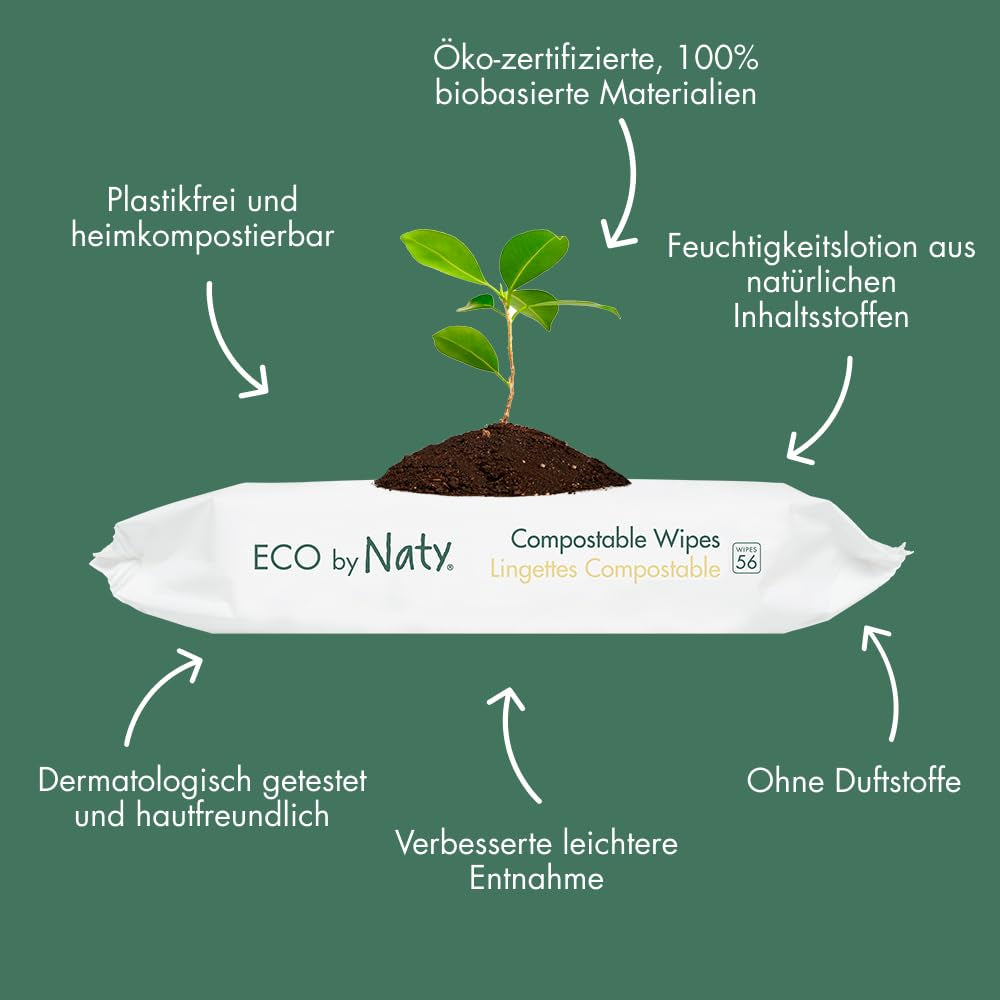 Șervețele umede Naty pentru bebeluși | 100% pe bază de plante și fără parfum pentru piele sensibilă | Șervețele fără plastic și certificate compostabile, cu 98% apă purificată | 672 de șervețele (12 pachete)