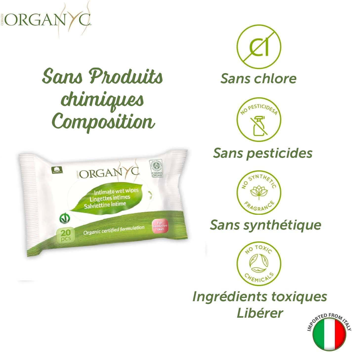 Șervețele umede Organyc Moist Intimate, fabricate din bumbac 100% organic certificat - 4 pachete a câte 20 de șervețele (80 de șervețele în total)