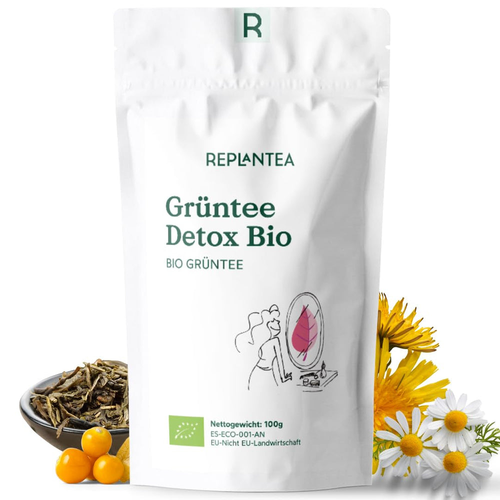 Ceai detoxifiant BIO 100 g (50 cești) | Ceai verde diuretic cu păpădie, fructul pasiunii și cătină REPLANTEA