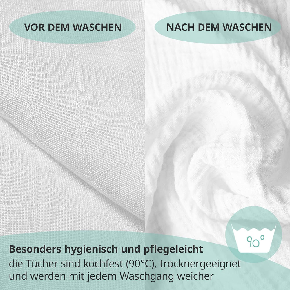 Pătrățele de muselină MAKIAN, pachet de 10, 80x80 cm, certificate Oeko-TEX® Standard 100, 10 cârpe de calitate premium pentru eructații - pătrățele din pânză dublu țesută/pătrățele de muselină, rezistente la fierbere - Alb