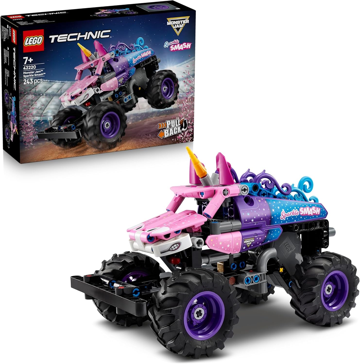 LEGO Technic Monster Jam Sparkle Smash mit Rückziehmotor - Technic Monstertruck & Einhorn Monster Truck Spielzeug - Kreatives Geschenk ab 7 Jahren für Kinder, Mädchen & Jungen - 42220