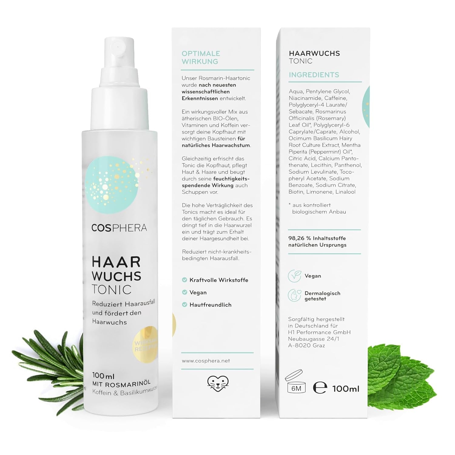 Spray tonic pentru păr cu ulei de rozmarin 100ml - Spray cu ulei de rozmarin accelerează în mod natural creșterea părului - remediu pentru creșterea părului la femei și bărbați - ser pentru căderea părului - ulei de rozmarin pentru păr de Cosphera Ingrijirea parului Naty Shop