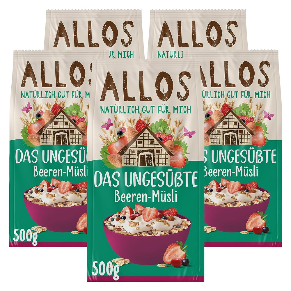 Muesli proteic neîndulcit Allos | Muesli organic | Fulgi de ovăz | Cereale pentru micul dejun | Vegan (5 x 450g), 1 bucată (pachet de 5)