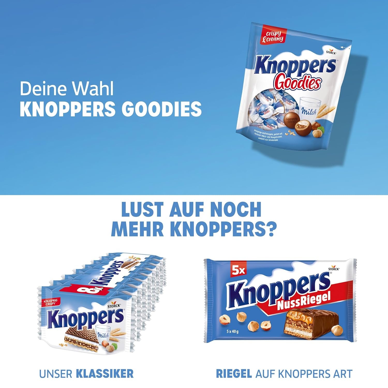 Knoppers Goodies Crunchy Minis – 1 x 180g – bile crocante de napolitană umplute cu bucăți de alune, lapte și cremă de nuga, acoperite cu ciocolată