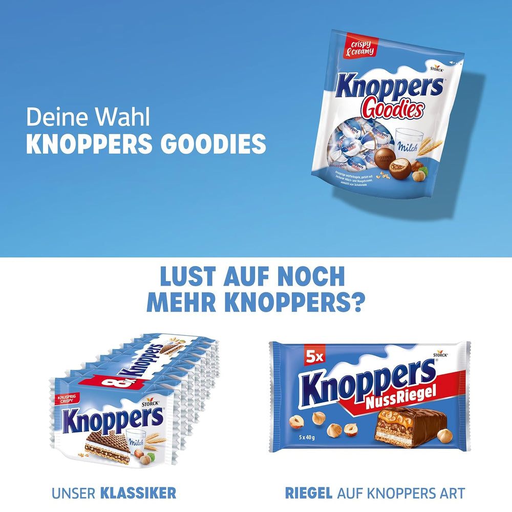 Knoppers Goodies Crunchy Minis – 1 x 180g – bile crocante de napolitană umplute cu bucăți de alune, lapte și cremă de nuga, acoperite cu ciocolată